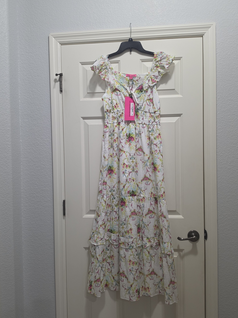 Betsey Johnson White Floral Ruffle Maxi Dress with Pink & Green Accents